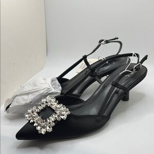 A New Day Black Kitten Heel Slingback Shoes with Crystal Accent